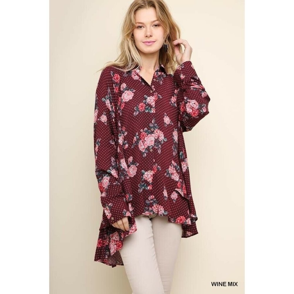 Umgee Womens Wine Floral High Low Hem Button Up Long Sleeve Tunic Blouse Size S